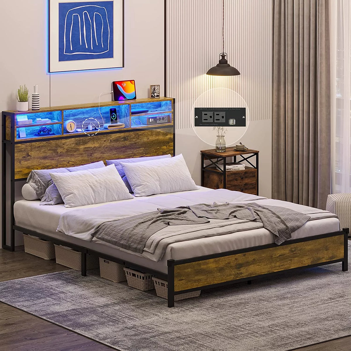 Queen RGB Led Light Metal Platform Bed with Storage Headboard C573130