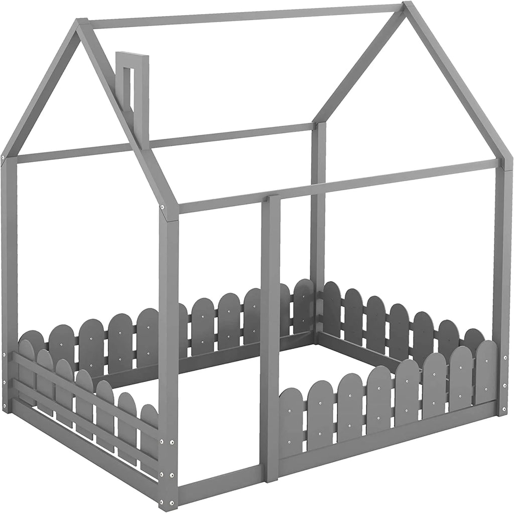 Full Size Grey Wood Bed Frame with Roof and Guardrails Q397177