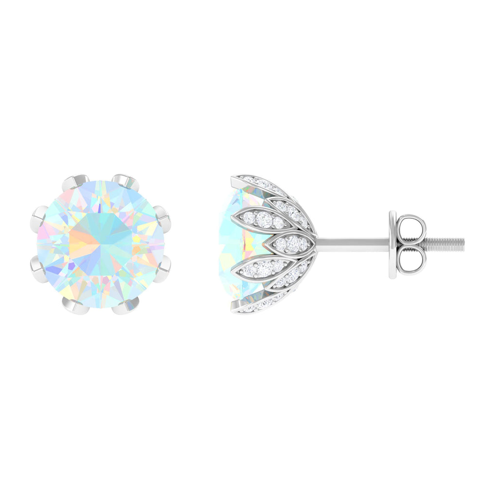 Floral Stud Earrings with Diamond, 925 Sterling Silver K346