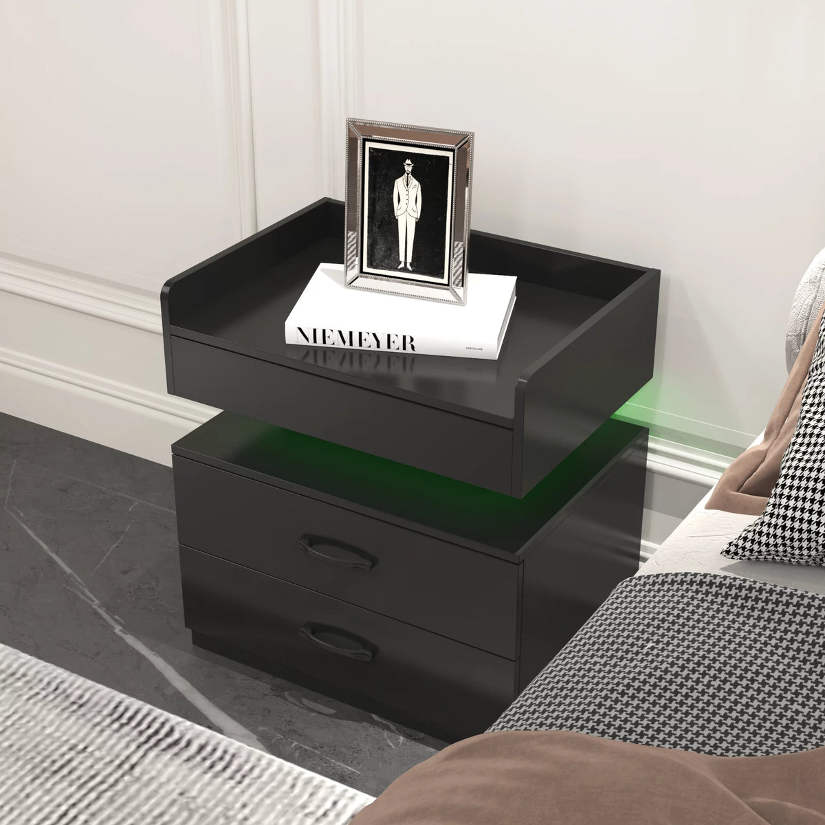 Black Wood Nightstand with Charging Station and 2 Drawers N75616