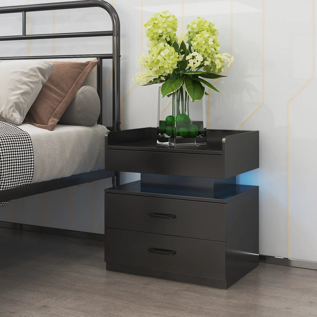 Black Wood Nightstand with Charging Station and 2 Drawers N75616