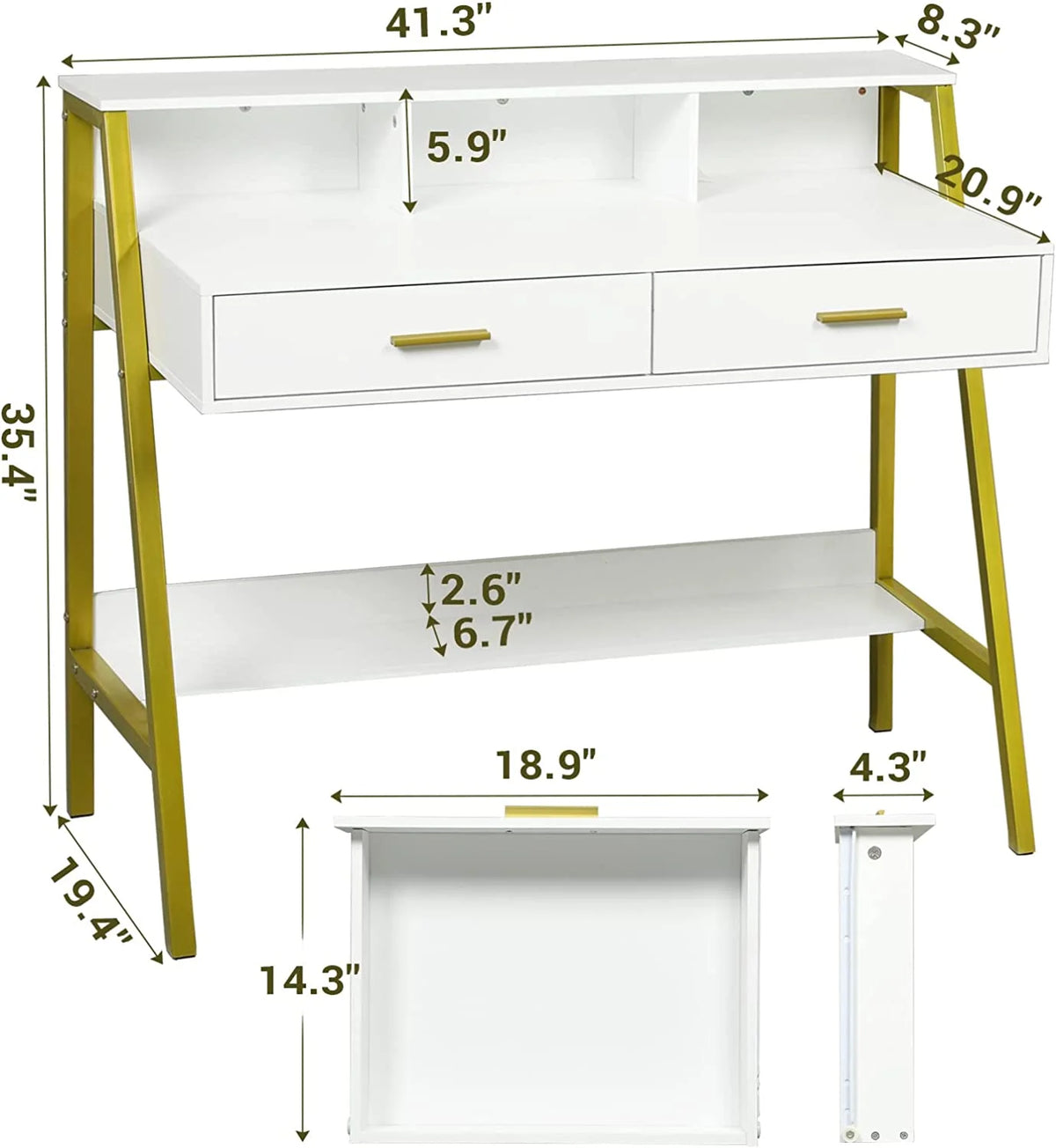 White and Gold Computer Desk with Drawers and Monitor Stand E2272