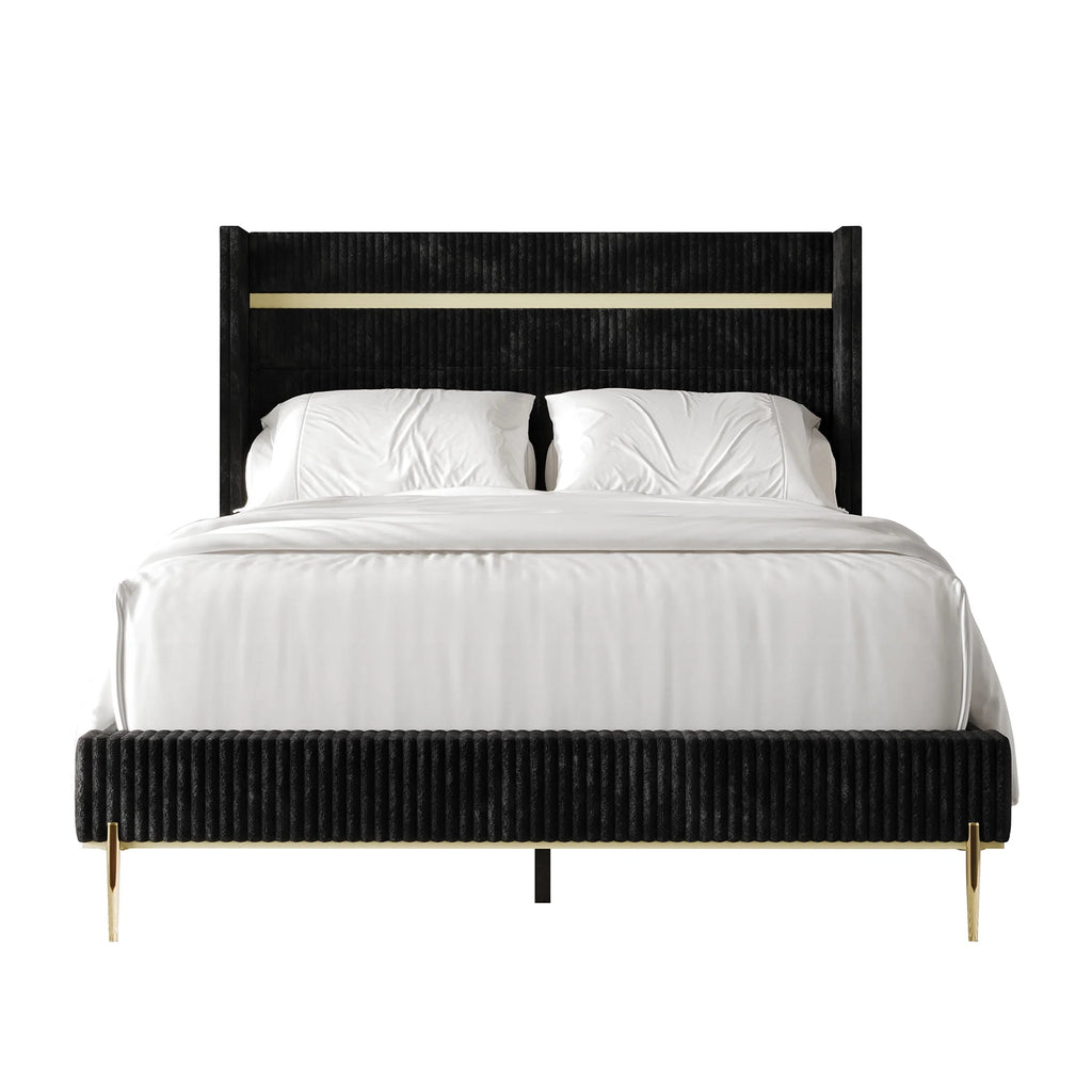 Gold PU Strip Wingback Velvet Upholstered Bed Black, Full Y304