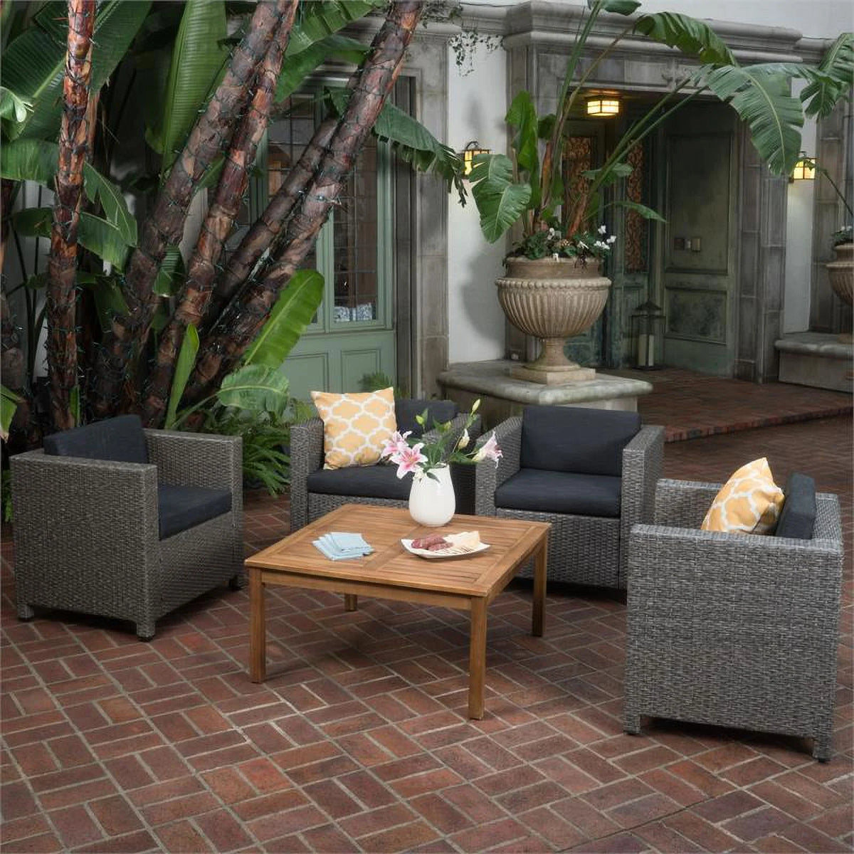 4 Pc Gray Club Chair Set with Wood Coffee Table J319906