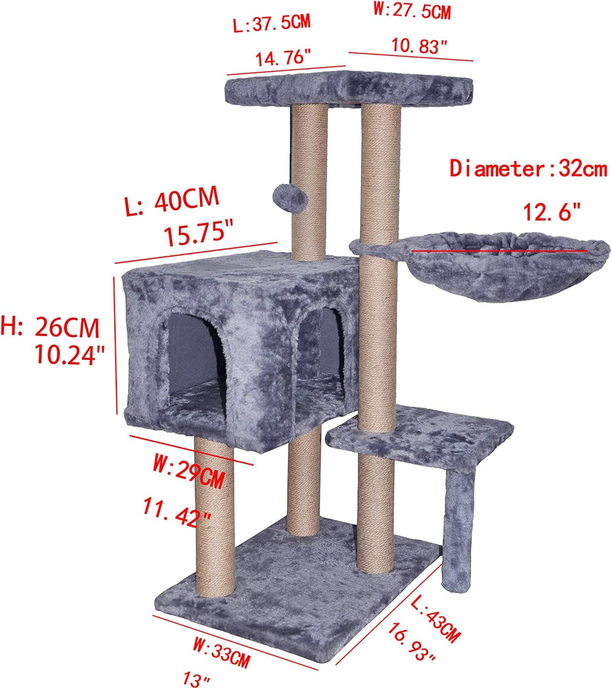 Grey Cat Tree with Scratching Toy and Ball Activity Centre U63043