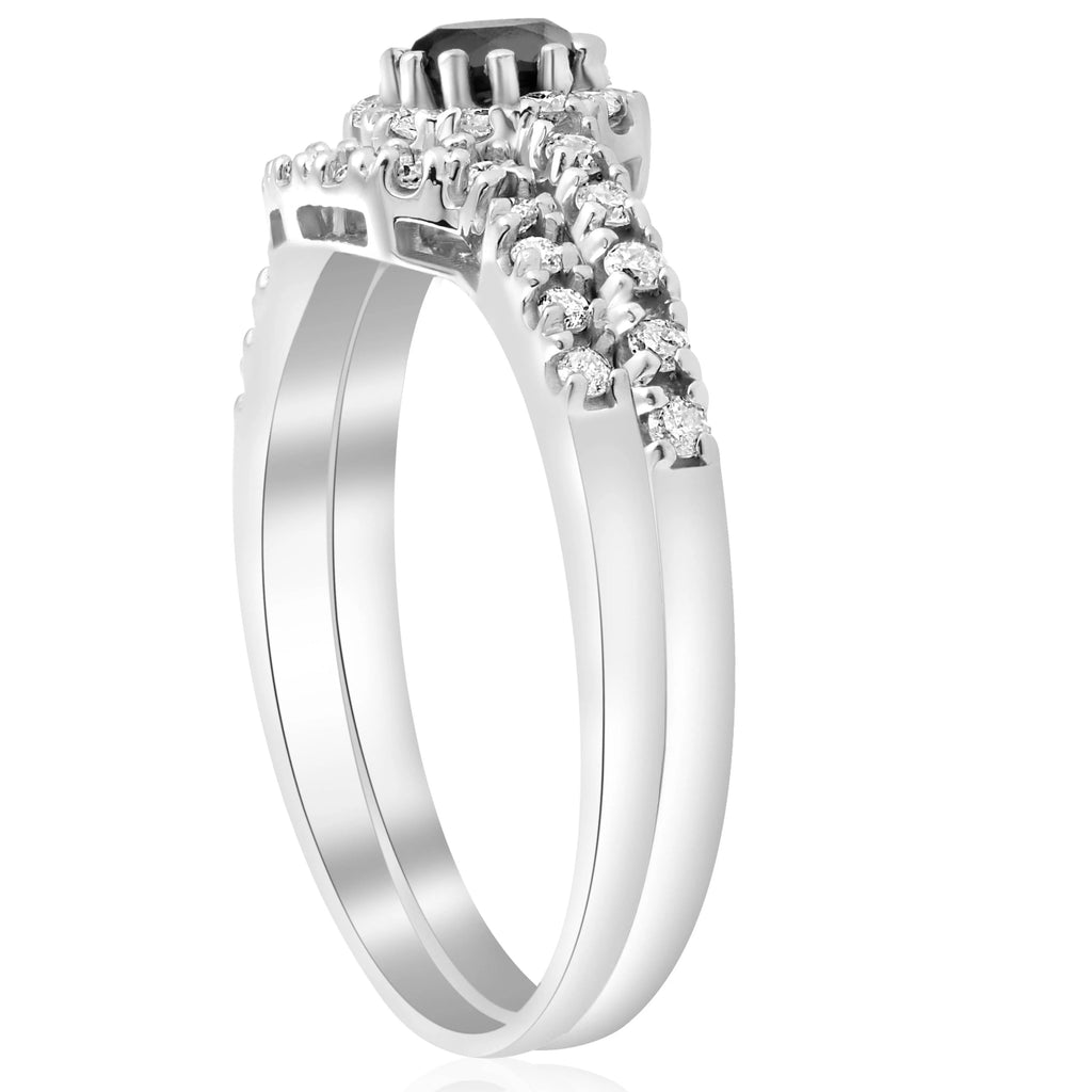 Black Pave Halo Diamond Engagement Ring Set 14k White Gold T10255