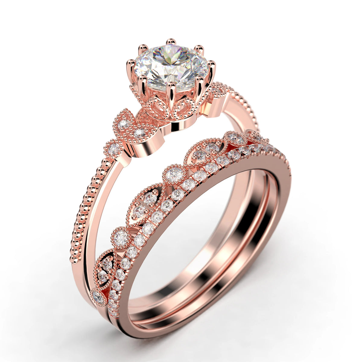 2.25 Carat Round Cut Diamond Moissanite Floral Engagement Ring In 925 Sterling Silver With 18K Rose Gold Plating A774768