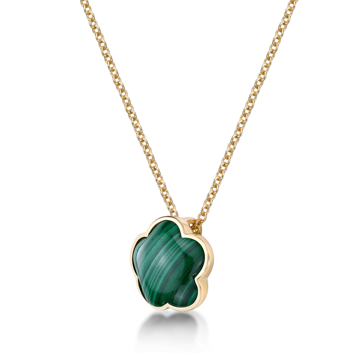Green Malachite Five Petal Flower Pendant Necklace in 925 Sterling Silver with Yellow Gold Plating on 18 Inch Chain with Spring Ring L285