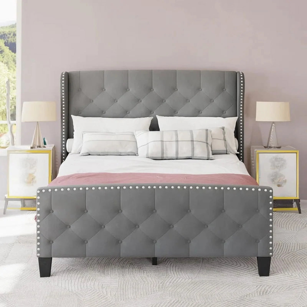 Queen Size Upholstered Platform Bed Frame with Velvet Headboard and Footboard V654