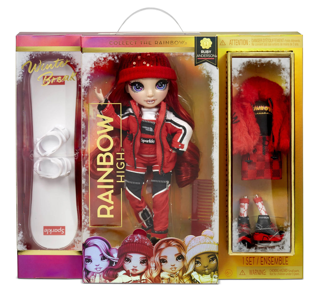 Red Fashion Doll Playset With 2 Outfits, Snowboard And Winter Accessories D689