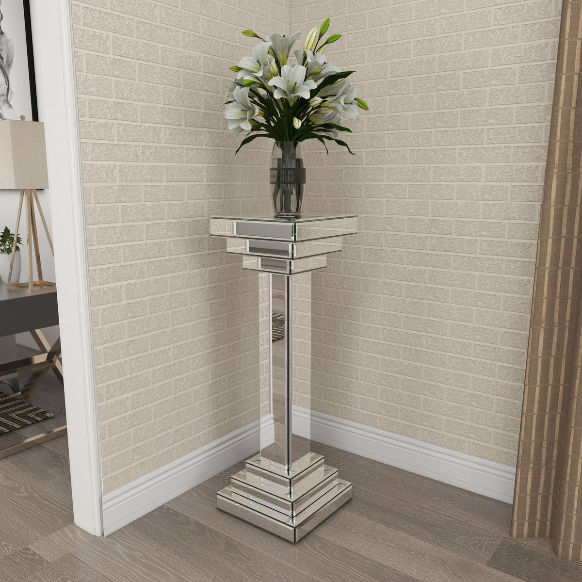 12" x 36" Silver Glass Mirrored Pedestal Table X9327