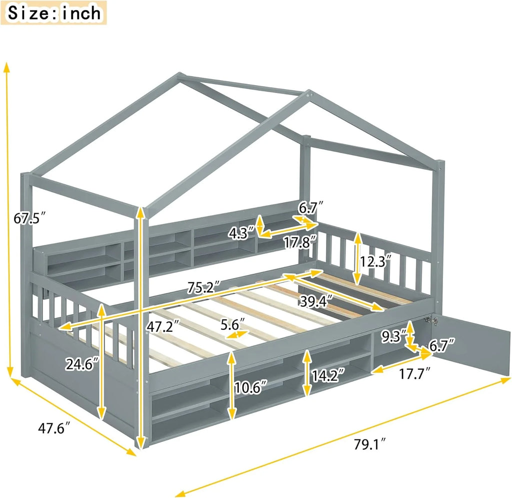 Twin Size Wood House Bed with Storage Shelves P555426