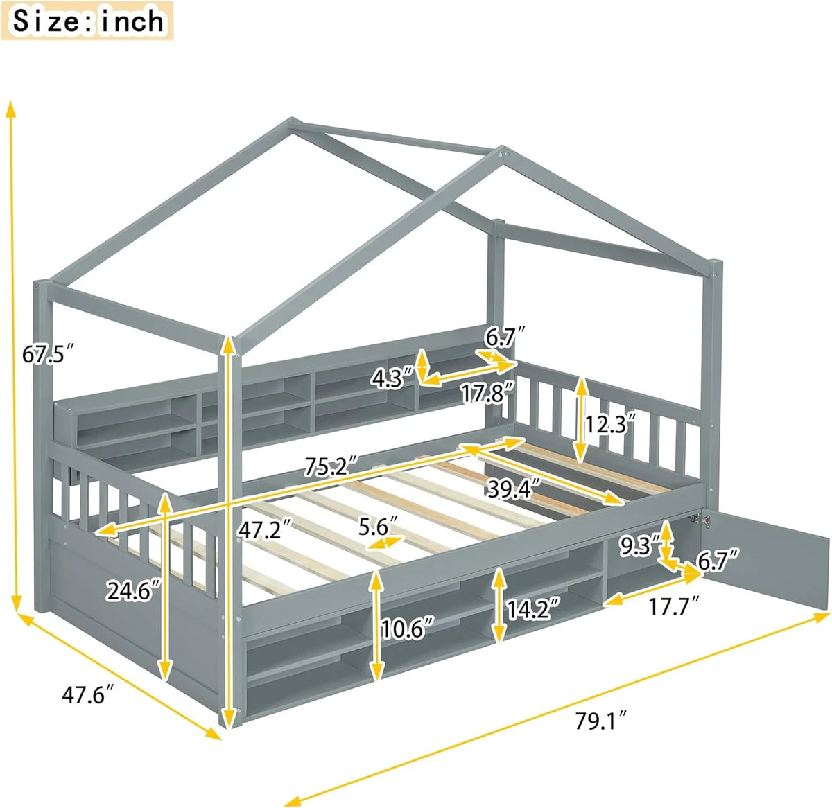Twin Size Wood House Bed with Storage Shelves P555426