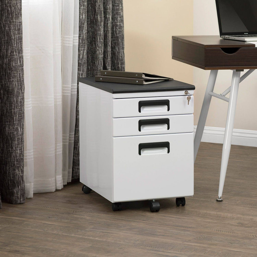White/Black 3 Drawer Metal Rolling File Cabinet with Locking Drawers X154866