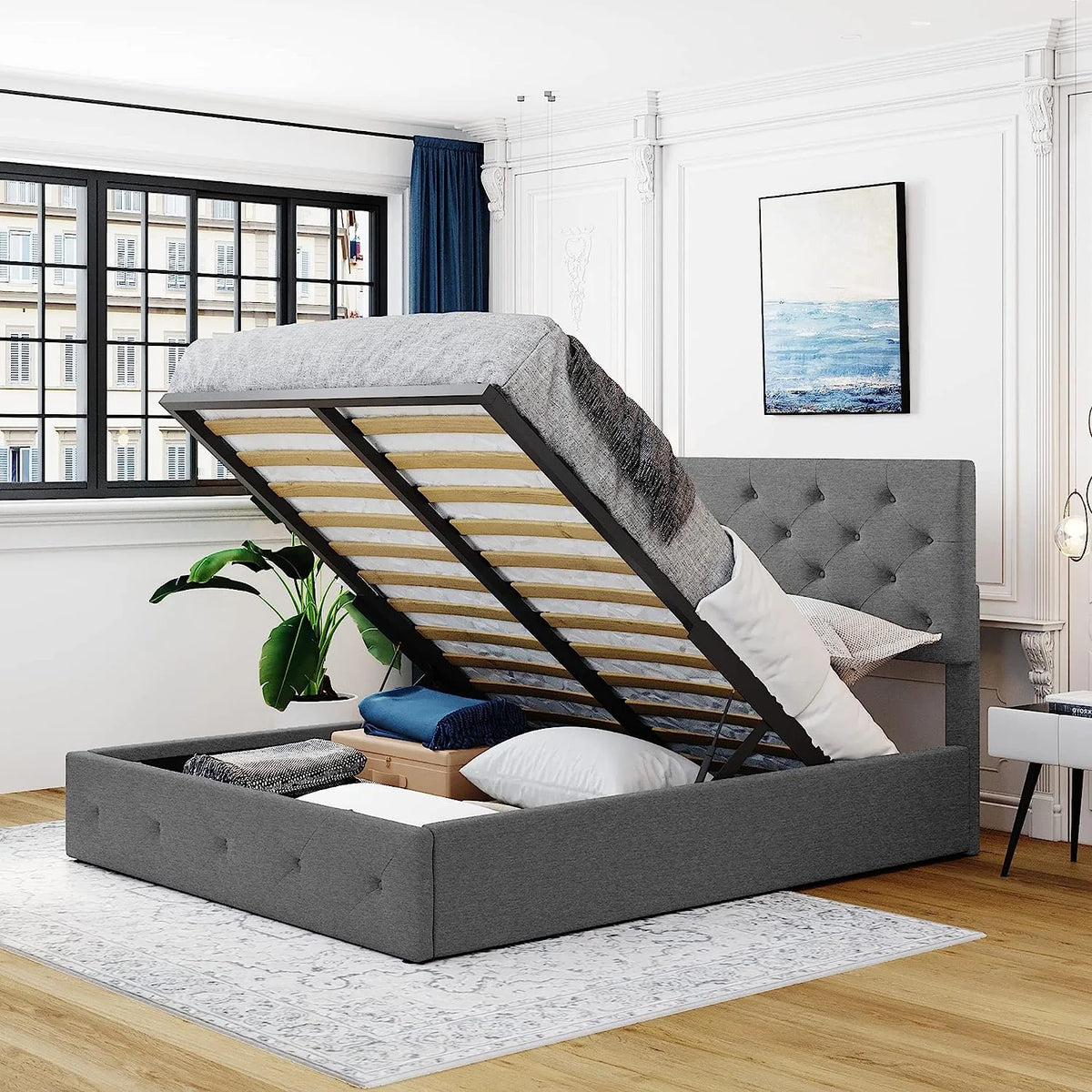 Queen Size Grey Upholstered Platform Bed with Lift Up Storage U3432