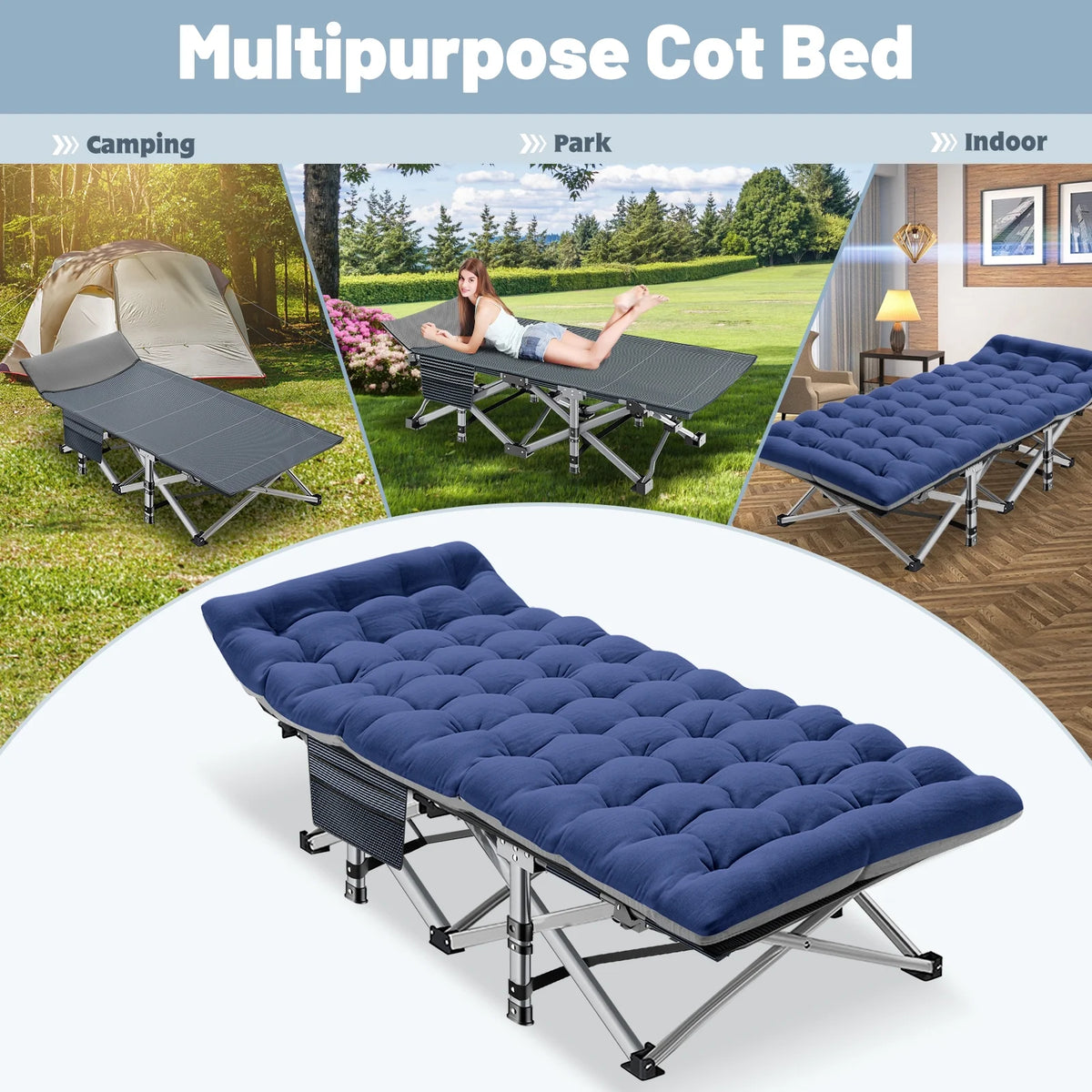 Folding Camping Bed with Mattress & Carry Bag, Heavy Duty Sleeping Cot with 4D Pillow A551463