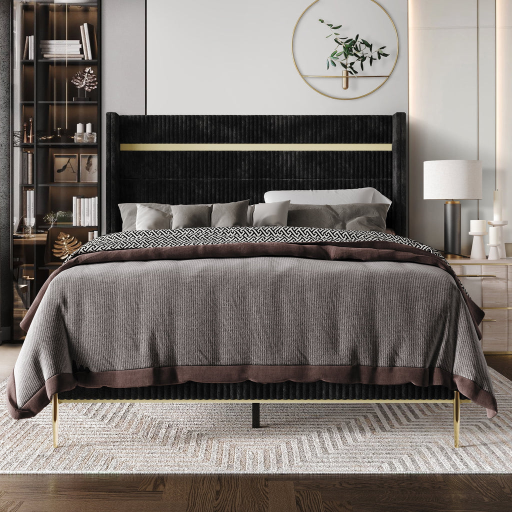Gold PU Strip Wingback Velvet Upholstered Bed Black, Full Y304