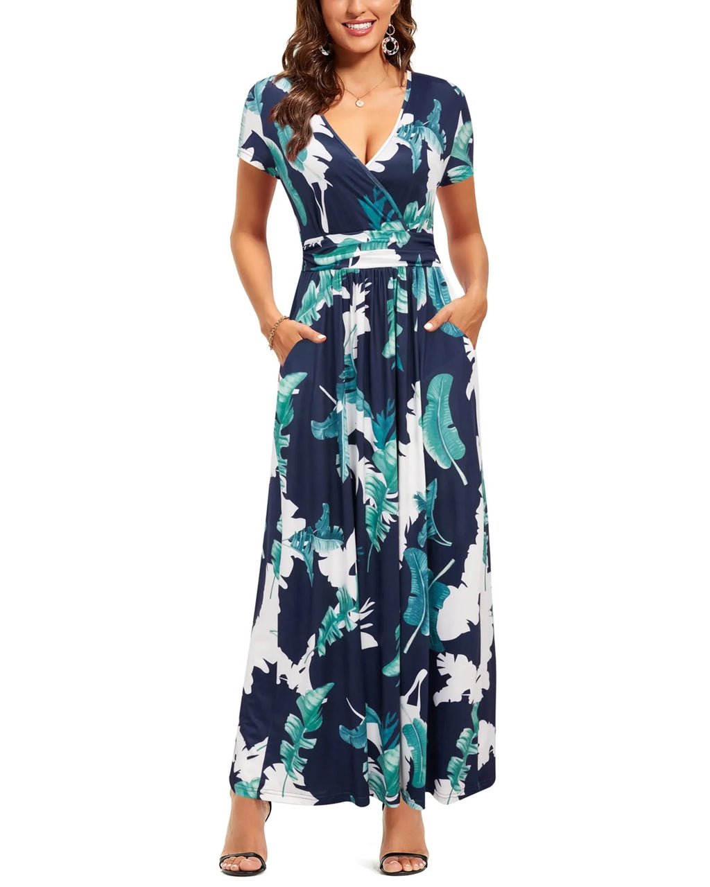 Women's Short Sleeve Wrap Waist Maxi Dress with Pockets V45860