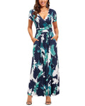 Women's Short Sleeve Wrap Waist Maxi Dress with Pockets V45860