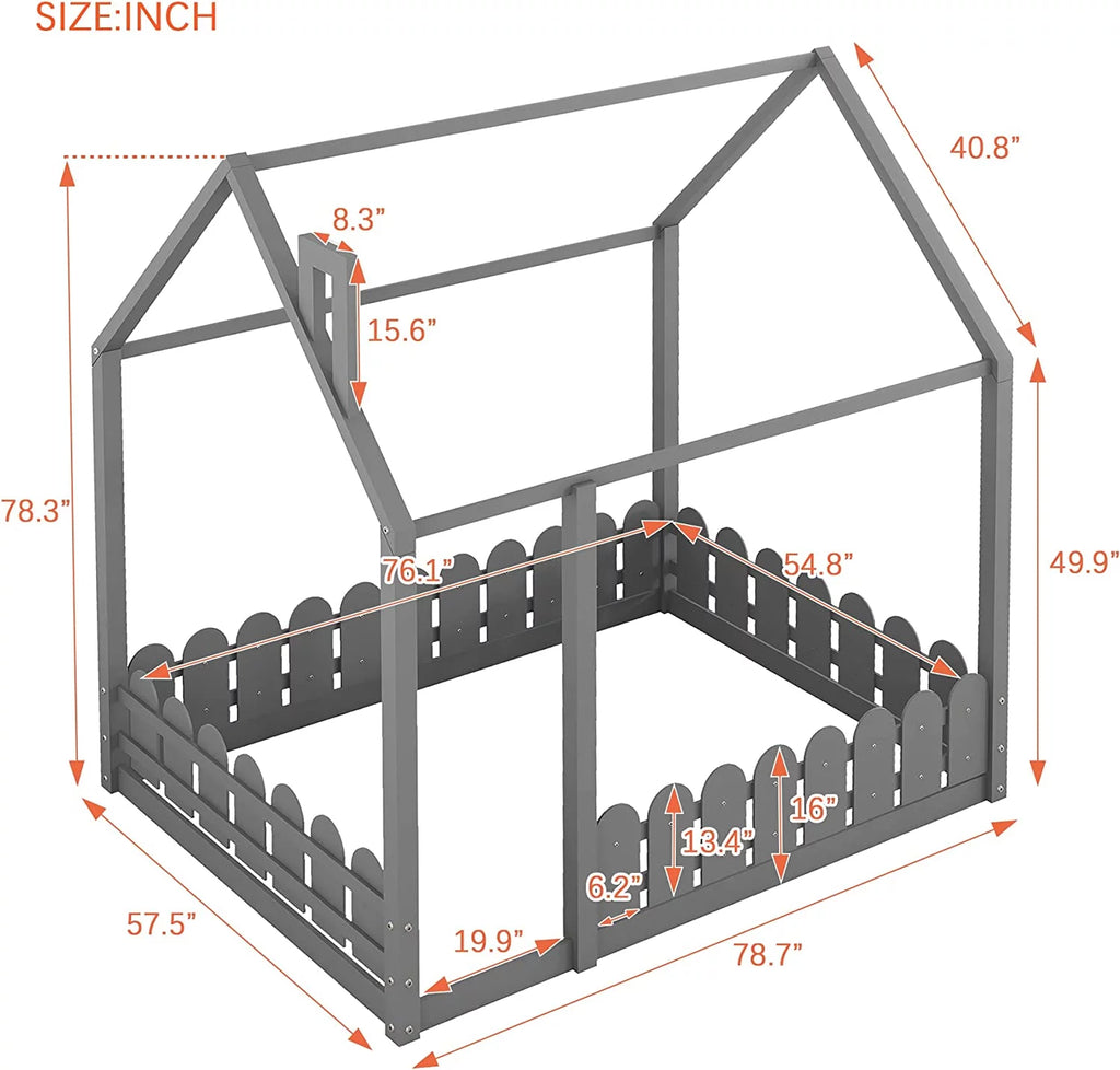 Full Size Grey Wood Bed Frame with Roof and Guardrails Q397177