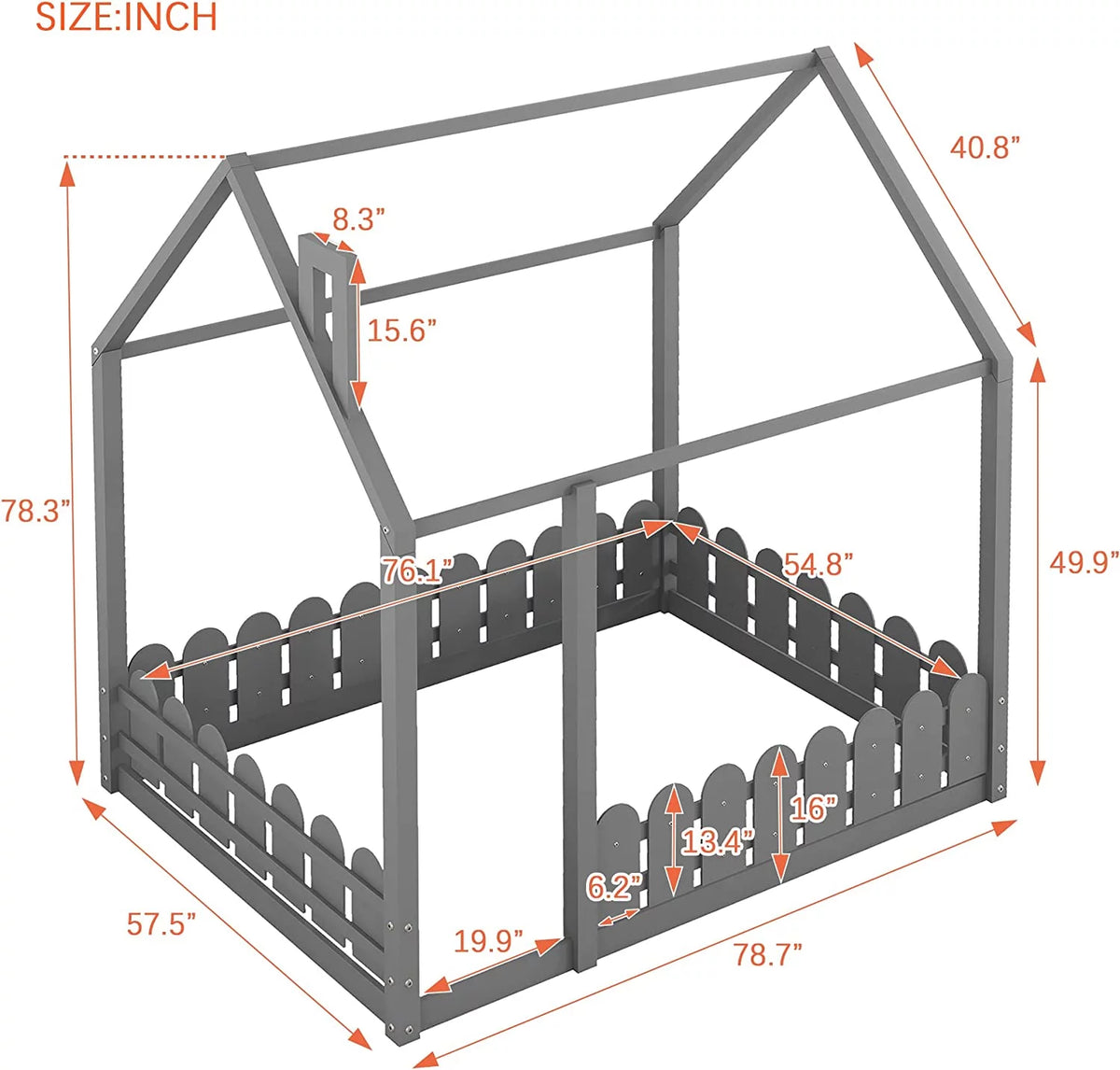 Full Size Grey Wood Bed Frame with Roof and Guardrails Q397177