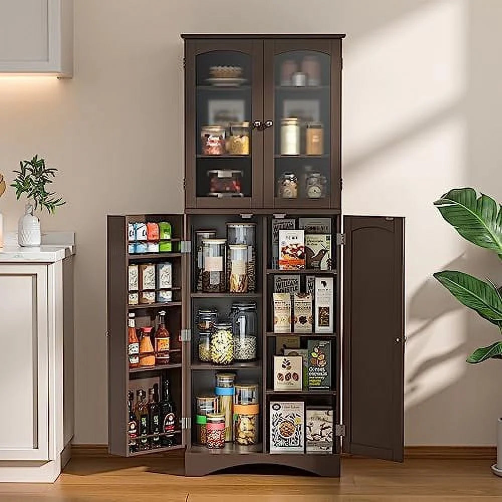 64" Kitchen Pantry Cabinet with Glass Doors and Adjustable Shelves M8983