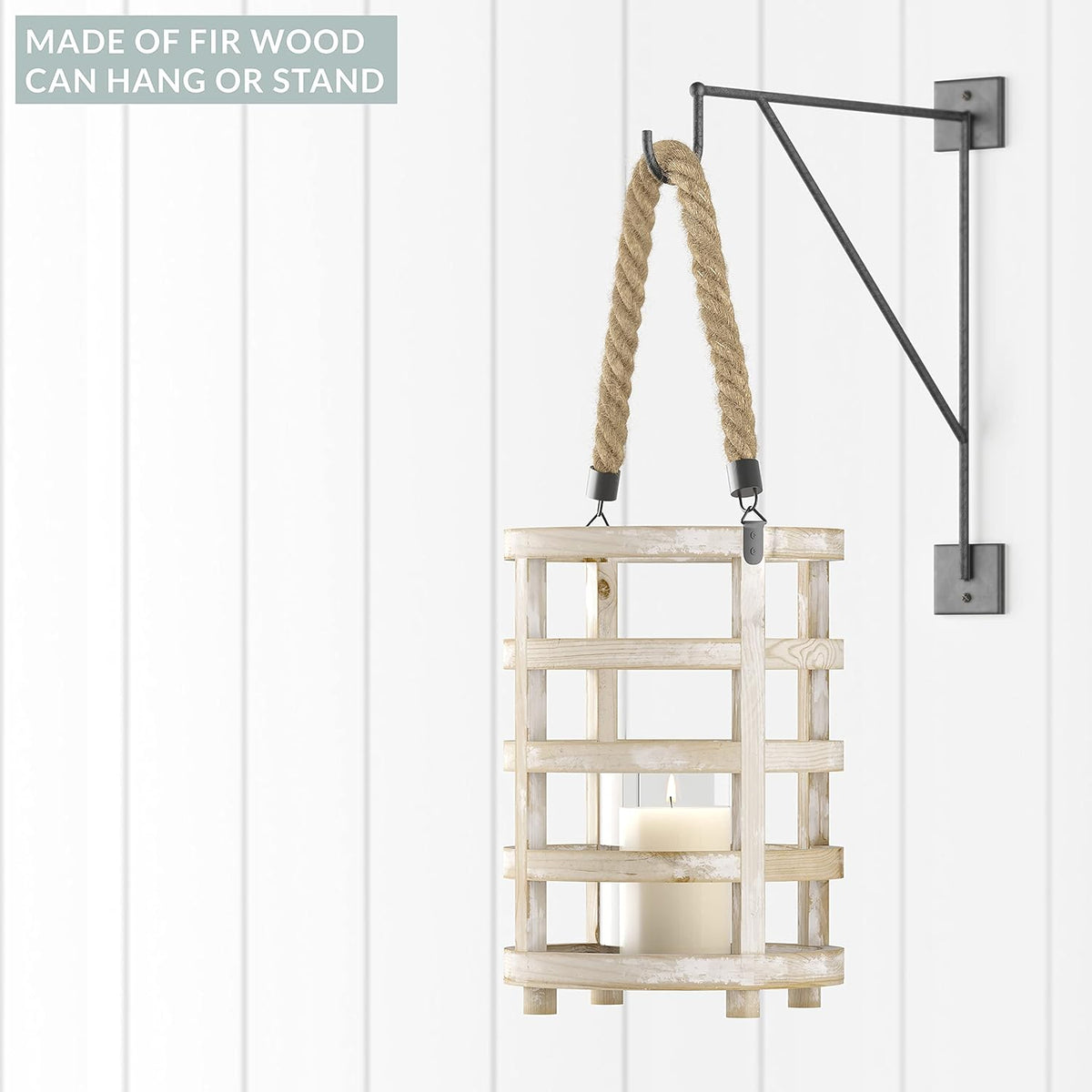 Whitewash Wooden Lantern Candle Holders, Set of 2 H177