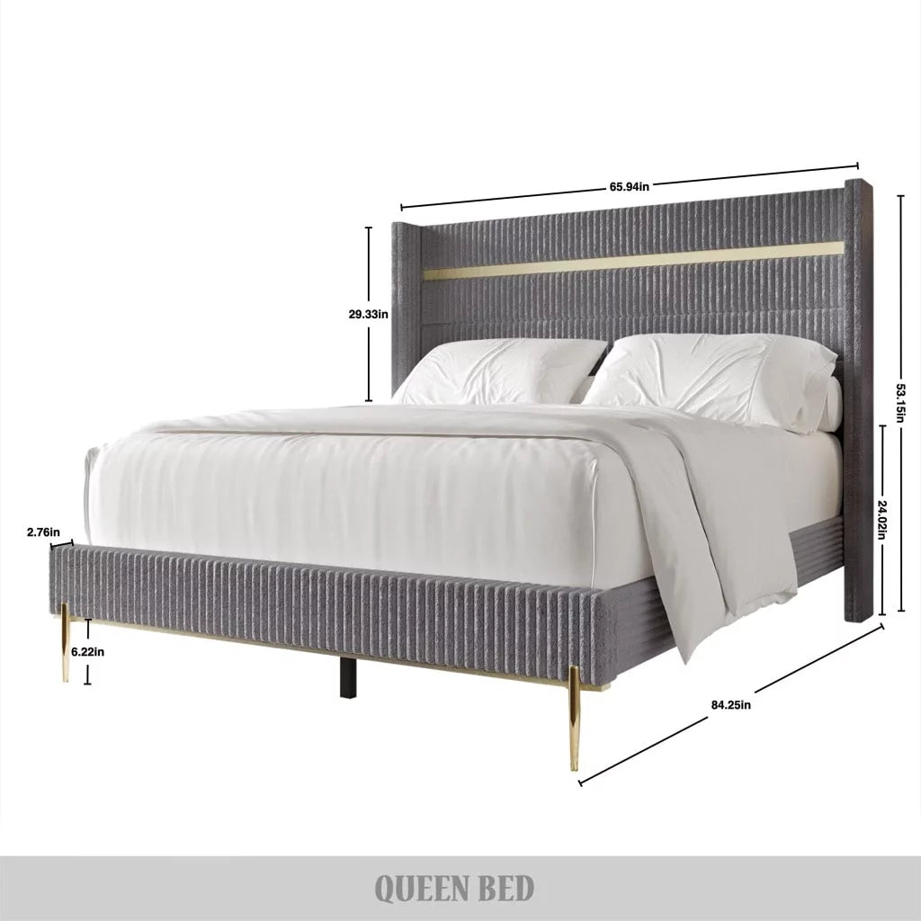 Gold PU Strip Wingback Velvet Upholstered Bed Black, Full Y304