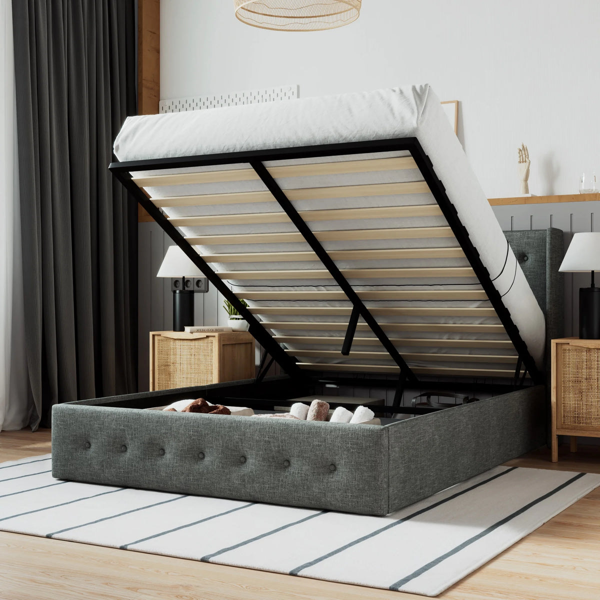 Grey King Size Lift Up Platform Bed Frame with Storage O735