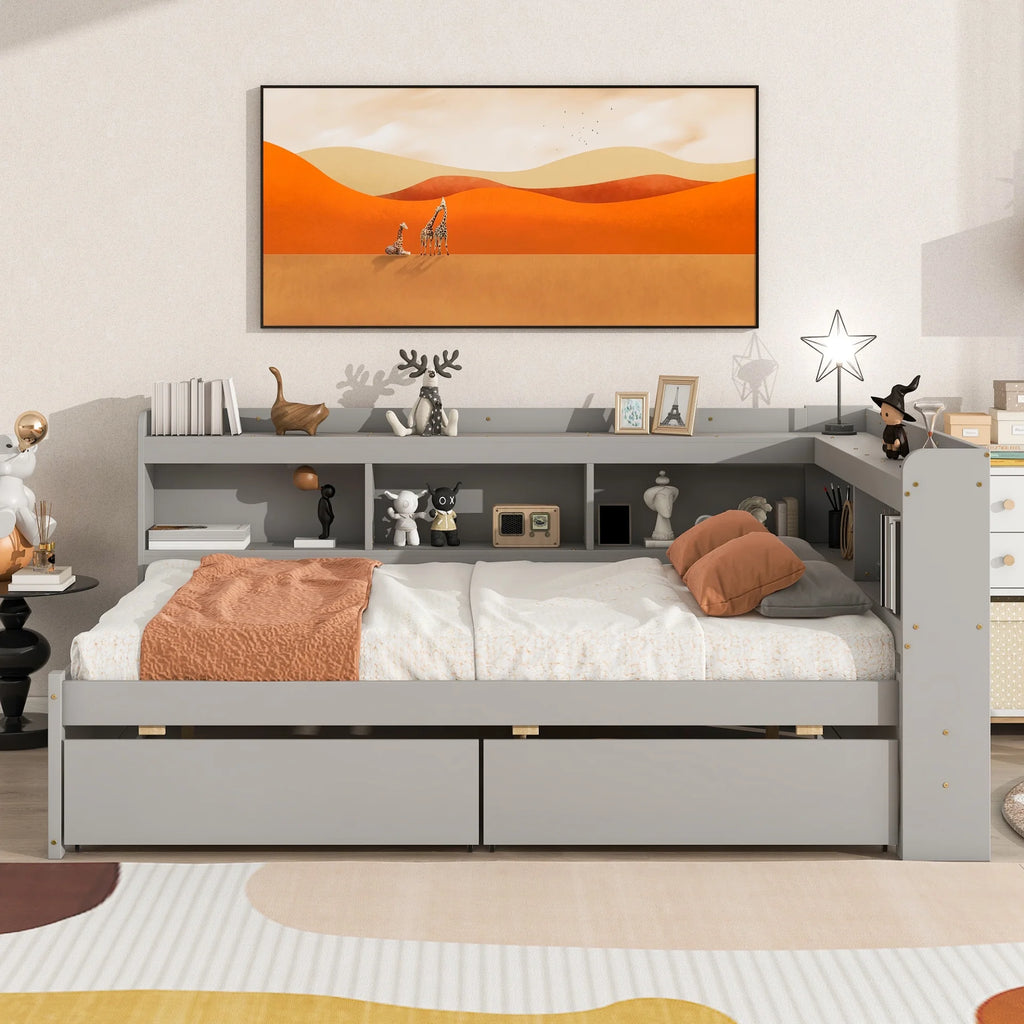 White Wooden Twin Size Platform Bed with 2 Storage Drawers E9741
