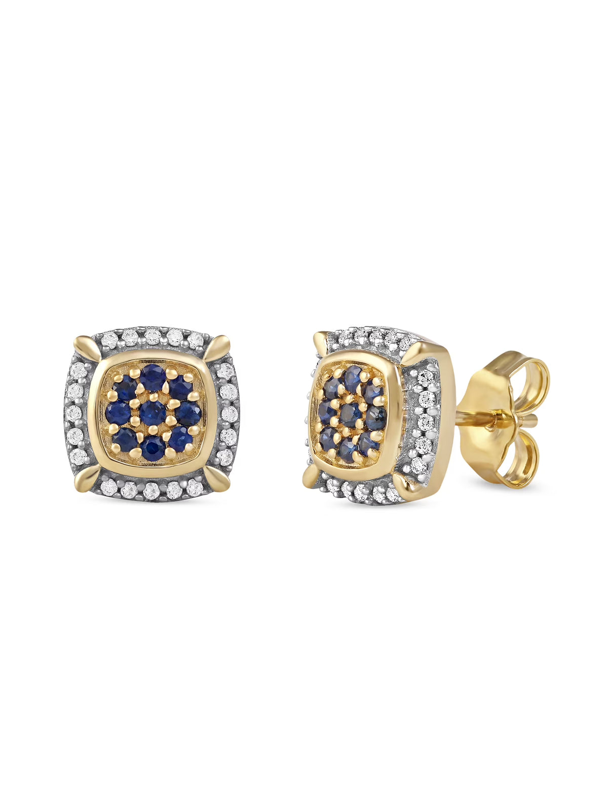 10k Yellow Gold Blue Sapphire Diamond Cluster Halo Stud Earrings C95160