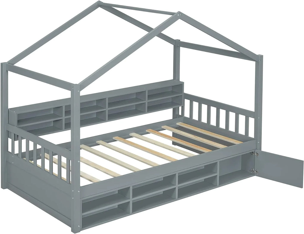Twin Size Wood House Bed with Storage Shelves P555426