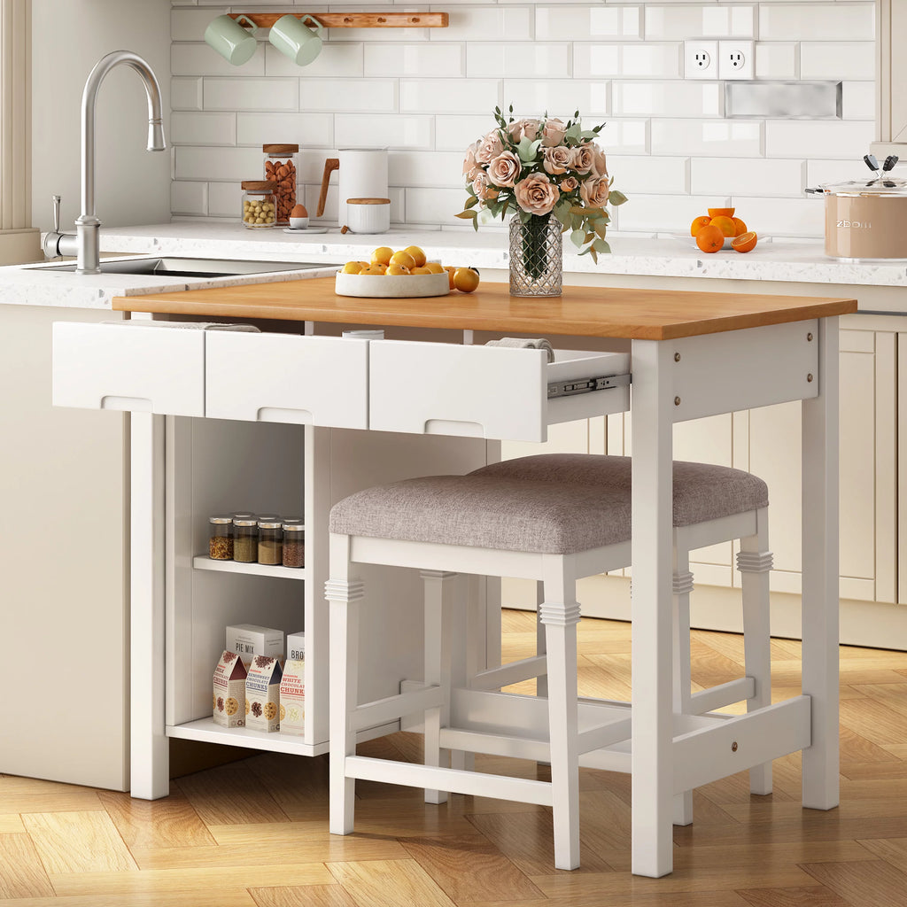 White 3-piece Rubber Wood Kitchen Island Set with 2 Seats E2976