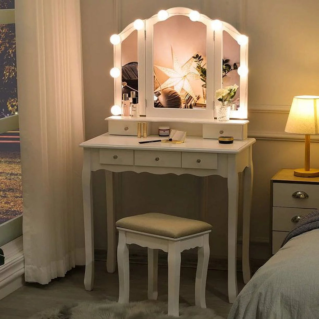 White Vanity Table Set with Lighted Tri-Fold Mirror and Stool X191236