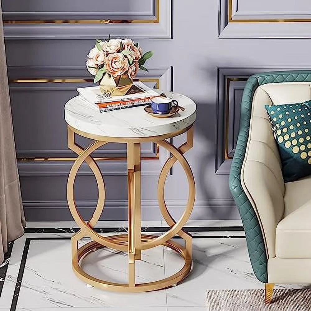 Round End Table Set of 2 White Gold Faux Marble Tabletop Y3203