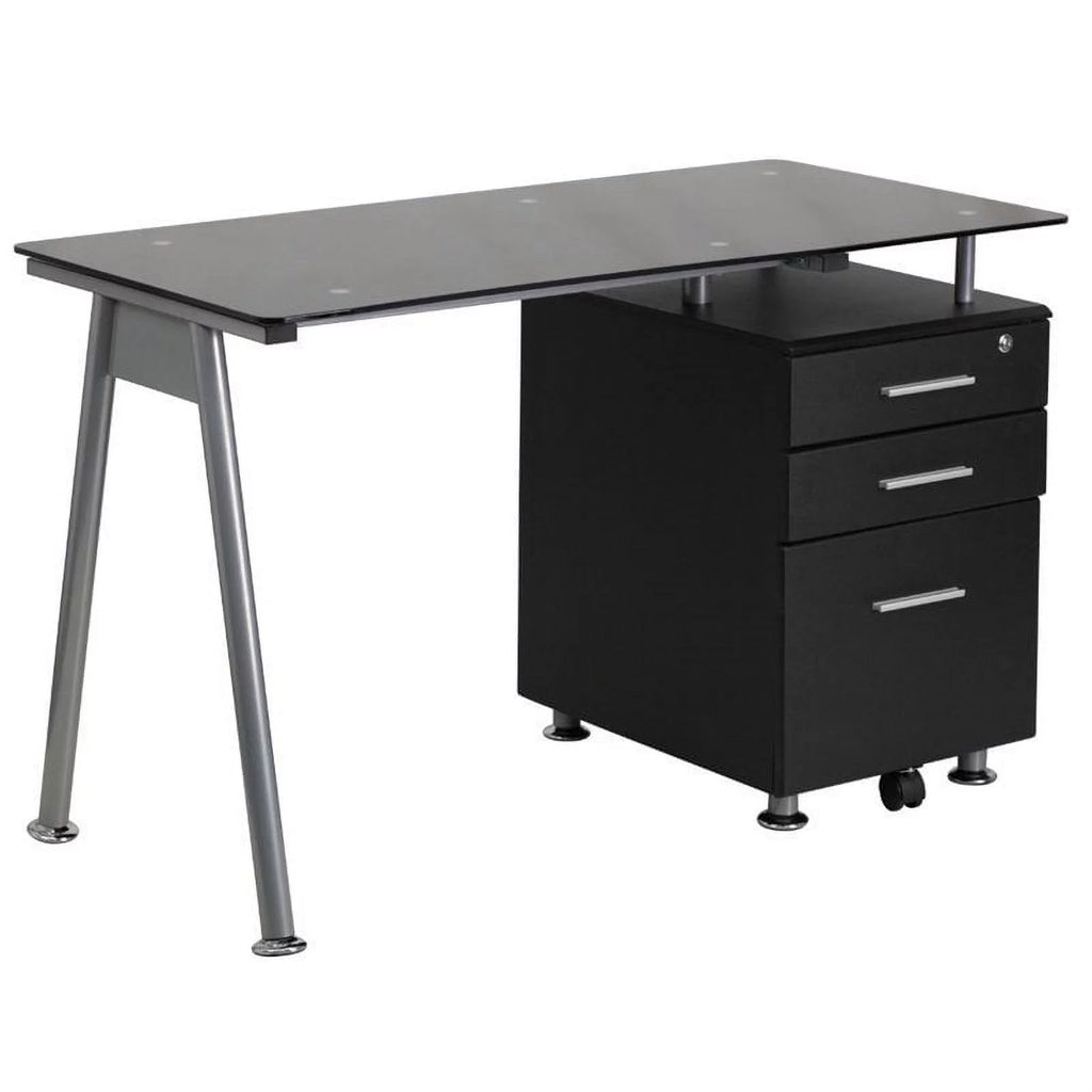 Black 3 Drawer Glass Top Desk M360