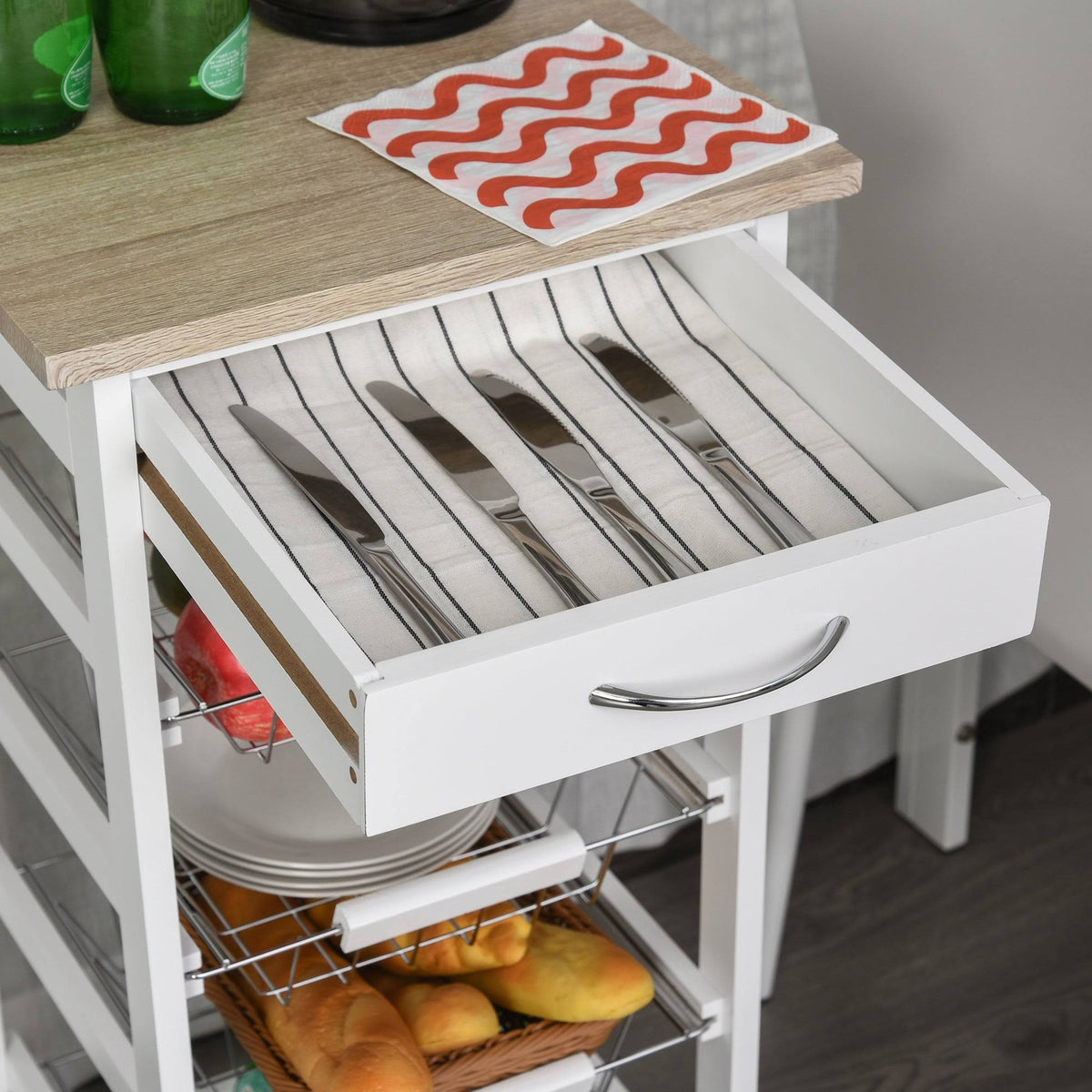 White Wooden Rolling Kitchen Storage Cart X838973