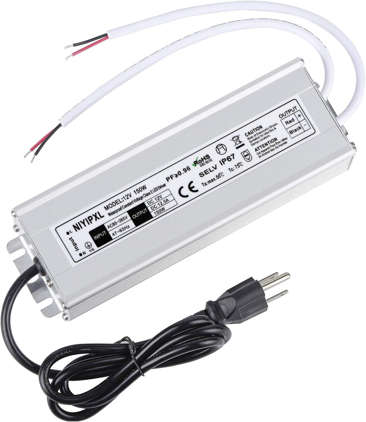 150 Watts Waterproof IP67 LED Driver Power Supply, 85V-265V AC to 12V DC, 3-Prong Plug U9685