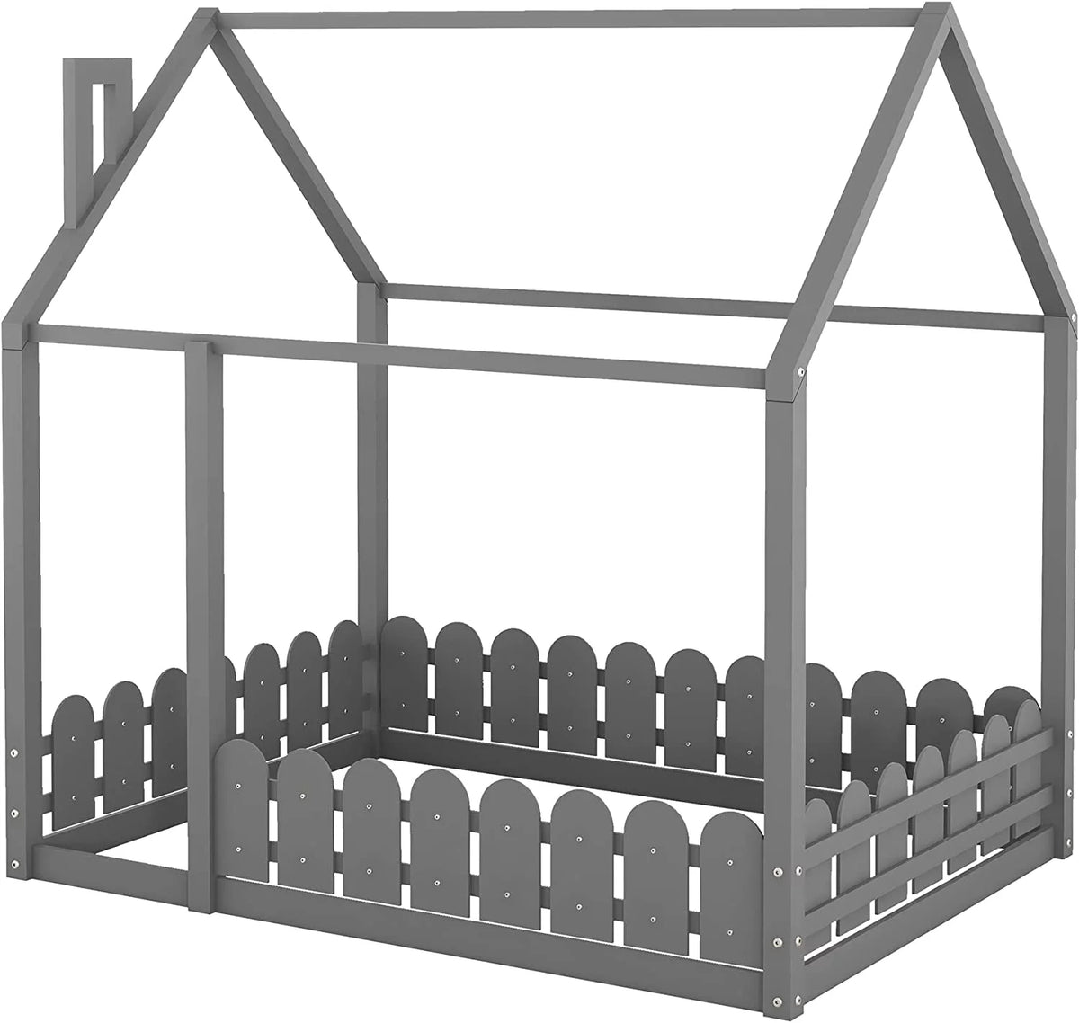 Full Size Grey Wood Bed Frame with Roof and Guardrails Q397177
