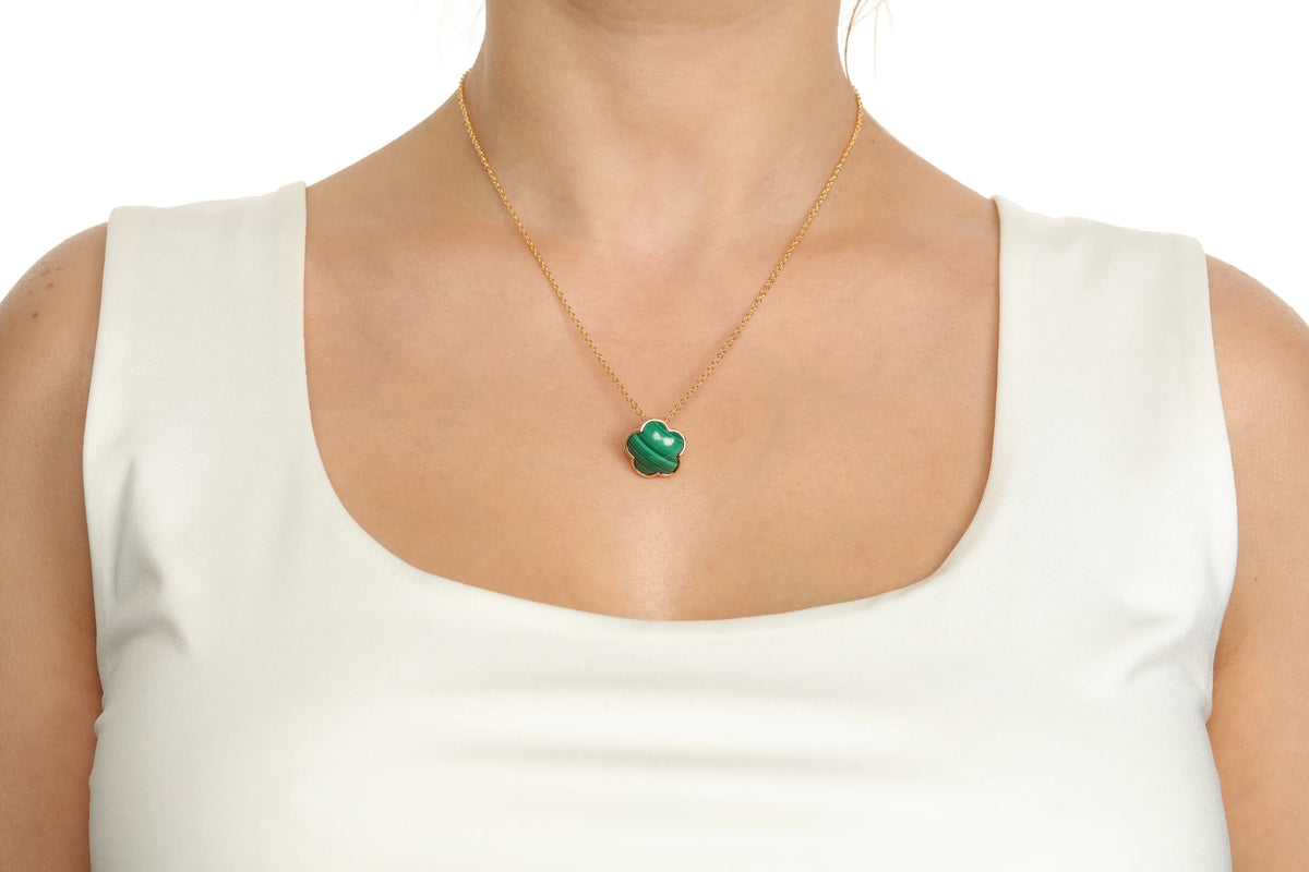 Green Malachite Five Petal Flower Pendant Necklace in 925 Sterling Silver with Yellow Gold Plating on 18 Inch Chain with Spring Ring L285