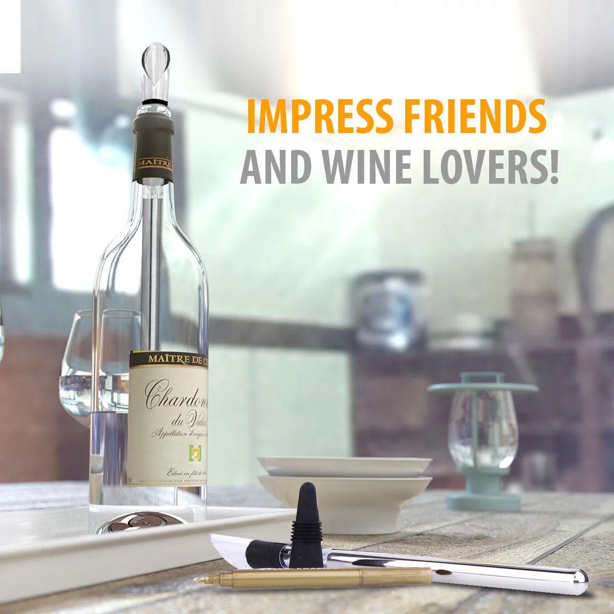 5 Pc Wine Accessories Set with 2 Glasses, Stainless Steel Chiller, Marker and Stopper N426
