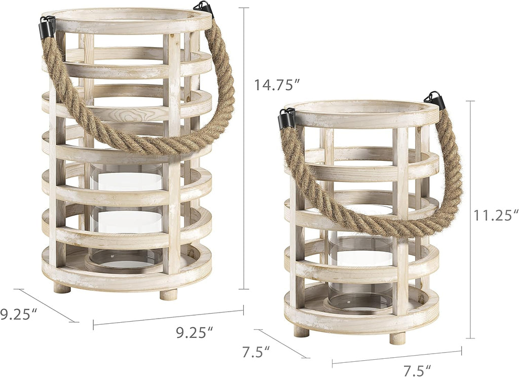 Whitewash Wooden Lantern Candle Holders, Set of 2 H177