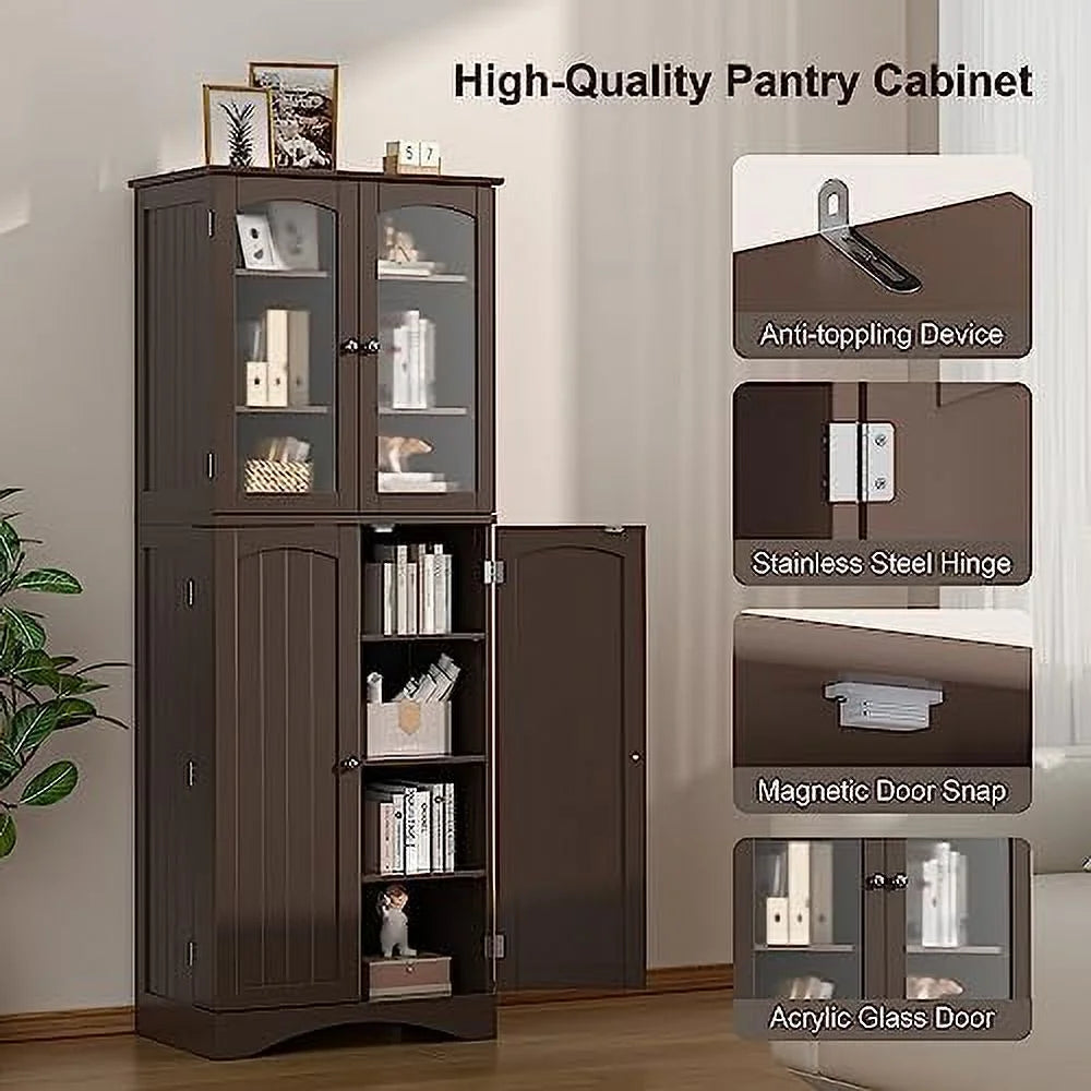 64" Kitchen Pantry Cabinet with Glass Doors and Adjustable Shelves M8983