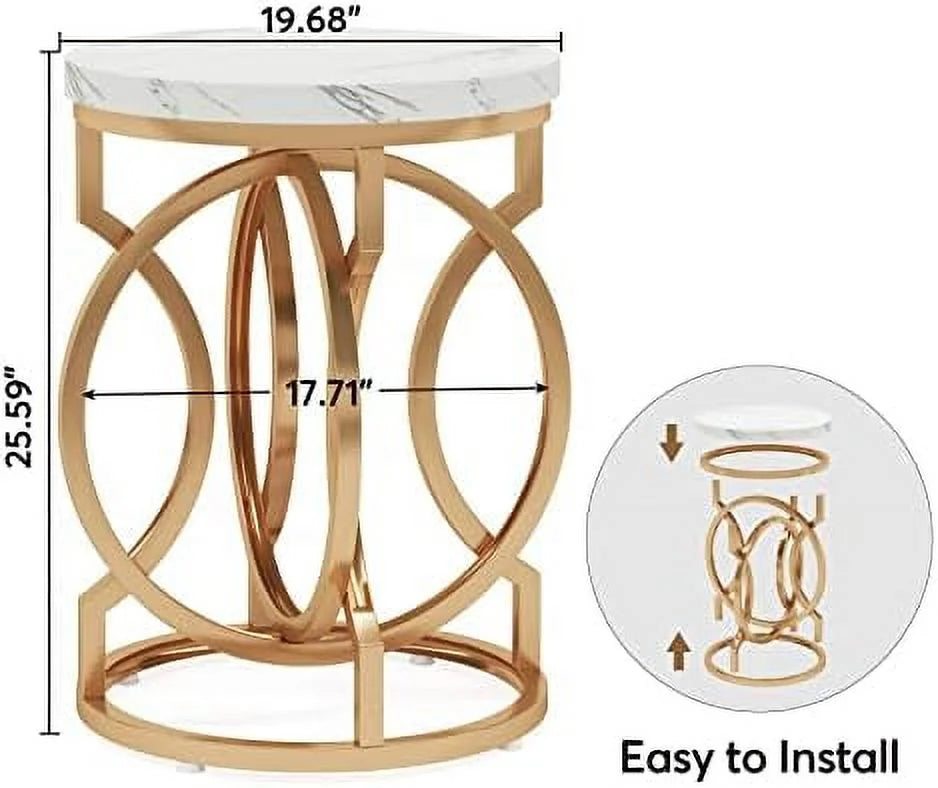 Round End Table Set of 2 White Gold Faux Marble Tabletop Y3203