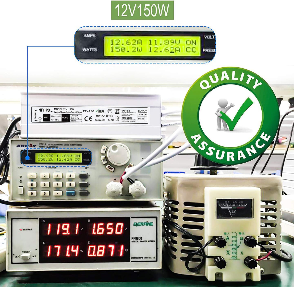 150 Watts Waterproof IP67 LED Driver Power Supply, 85V-265V AC to 12V DC, 3-Prong Plug U9685