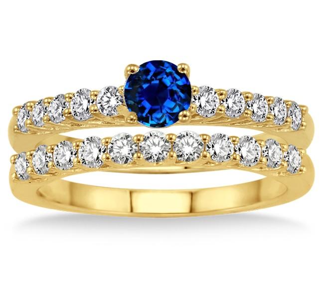Blue Sapphire And Moissanite Diamond Engagement Ring on 10k Yellow Gold W54826