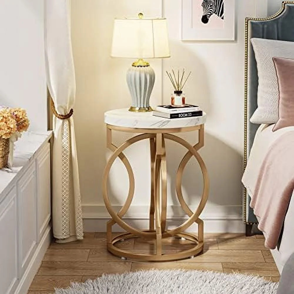 Round End Table Set of 2 White Gold Faux Marble Tabletop Y3203