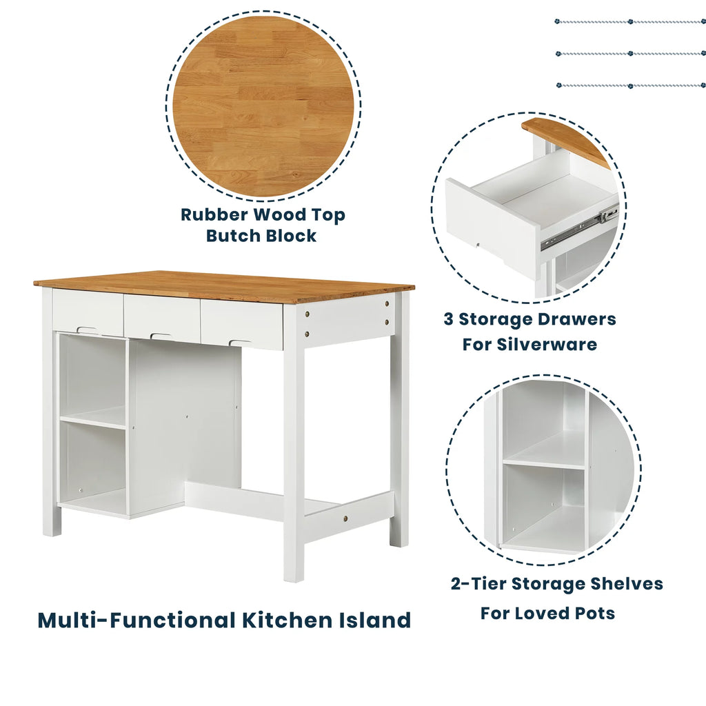 White 3-piece Rubber Wood Kitchen Island Set with 2 Seats E2976