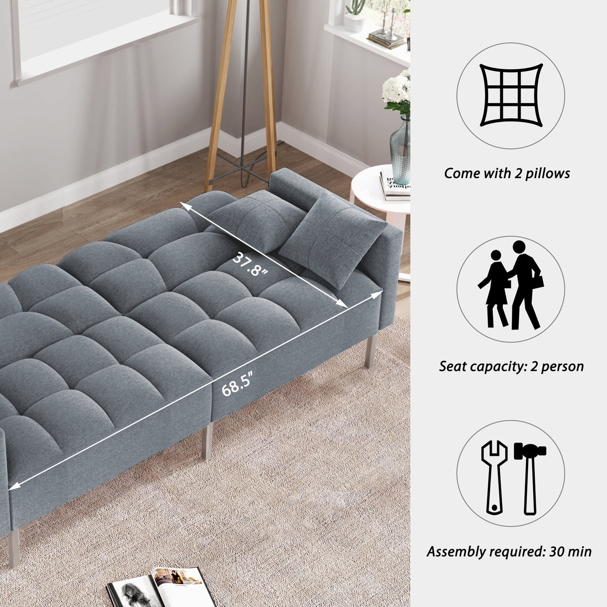 Dark Gray Linen Convertible Futon Sofa Bed J44438