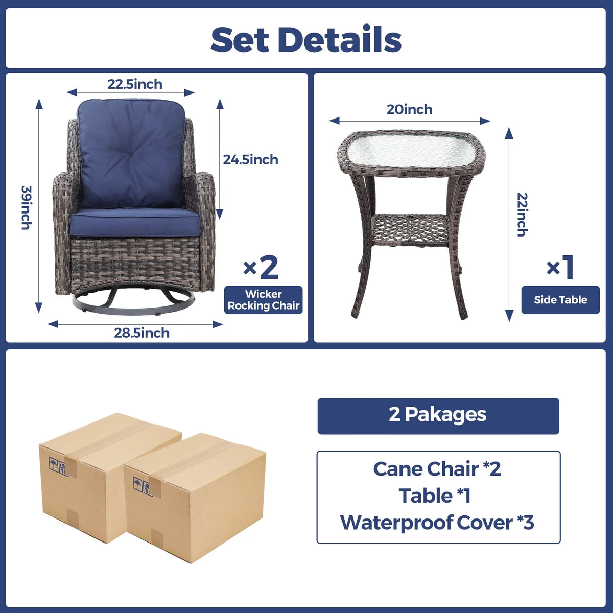3 Pieces Wicker Patio Furniture Set with Swivel Rocking Chairs and Glass Side Table K9412